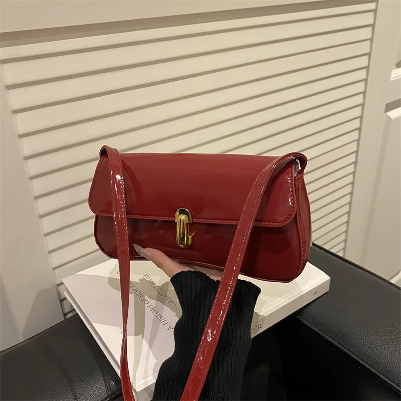 Stylish Wine Red Patent Leather Women Underarm Bag, Sleek Sling Purse with Gold Turn Lock Women's Daily Handbags Shoulder Bags Stylish Wine Red Patent Leather Women Underarm Bag, Sleek Sling Purse with Gold Turn Lock Women's Daily Handbags Shoulder Bags