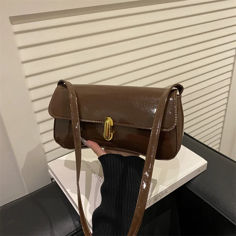 Stylish Wine Red Patent Leather Women Underarm Bag, Sleek Sling Purse with Gold Turn Lock Women's Daily Handbags Shoulder Bags Stylish Wine Red Patent Leather Women Underarm Bag, Sleek Sling Purse with Gold Turn Lock Women's Daily Handbags Shoulder Bags