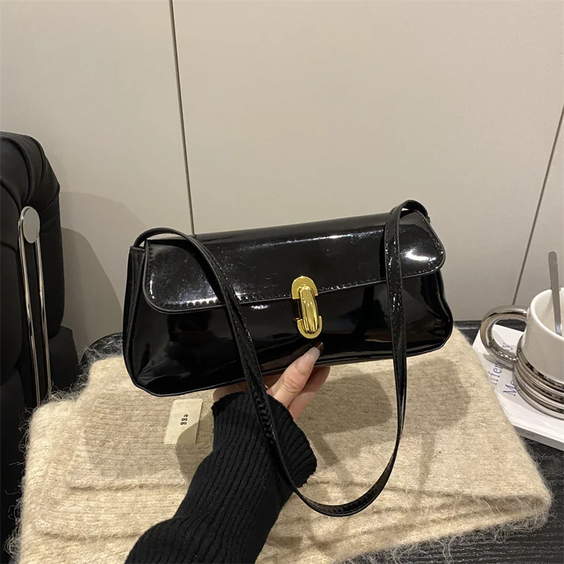 Stylish Wine Red Patent Leather Women Underarm Bag, Sleek Sling Purse with Gold Turn Lock Women's Daily Handbags Shoulder Bags Stylish Wine Red Patent Leather Women Underarm Bag, Sleek Sling Purse with Gold Turn Lock Women's Daily Handbags Shoulder Bags