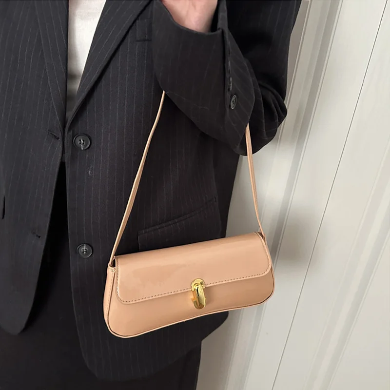 Stylish Wine Red Patent Leather Women Underarm Bag, Sleek Sling Purse with Gold Turn Lock Women's Daily Handbags Shoulder Bags Stylish Wine Red Patent Leather Women Underarm Bag, Sleek Sling Purse with Gold Turn Lock Women's Daily Handbags Shoulder Bags