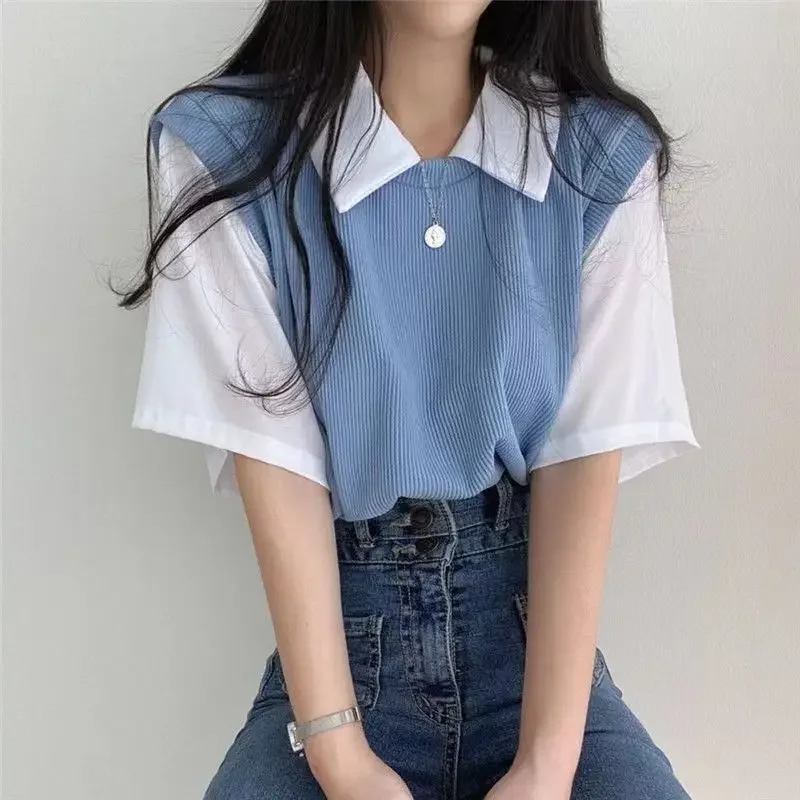 Summer Academy Style Color Blocking Polo Collar Top Fake Two-piece Short Sleeve T-shirt Women Lazy Loose Casual Versatile Blouse Women Clothing Fashion Women’s Fashion Women’s T-Shirts Summer Academy Style Color Blocking Polo Collar Top Fake Two-piece Short Sleeve T-shirt Women Lazy Loose Casual Versatile Blouse Women Clothing Fashion Women's Fashion Women's T-Shirts KDBazar