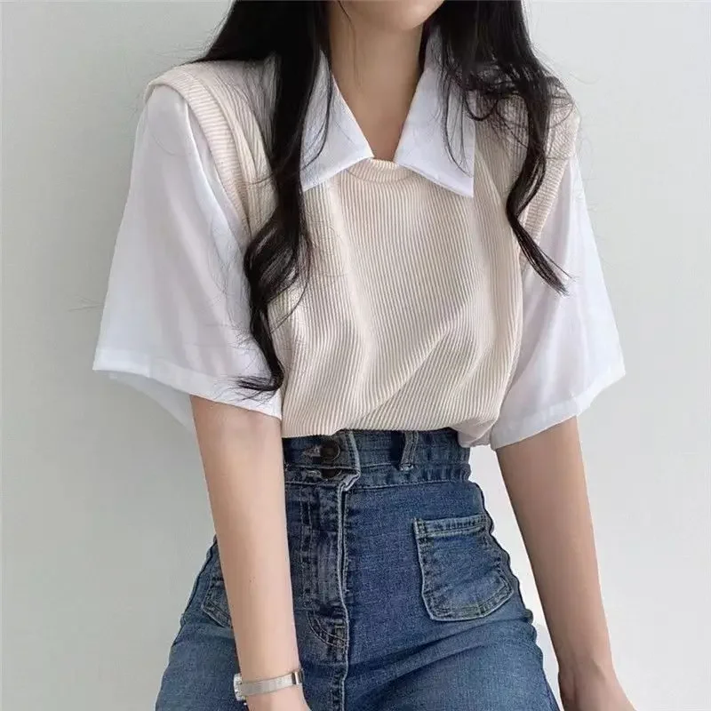 Summer Academy Style Color Blocking Polo Collar Top Fake Two-piece Short Sleeve T-shirt Women Lazy Loose Casual Versatile Blouse Women Clothing Fashion Women’s Fashion Women’s T-Shirts Summer Academy Style Color Blocking Polo Collar Top Fake Two-piece Short Sleeve T-shirt Women Lazy Loose Casual Versatile Blouse Women Clothing Fashion Women's Fashion Women's T-Shirts KDBazar