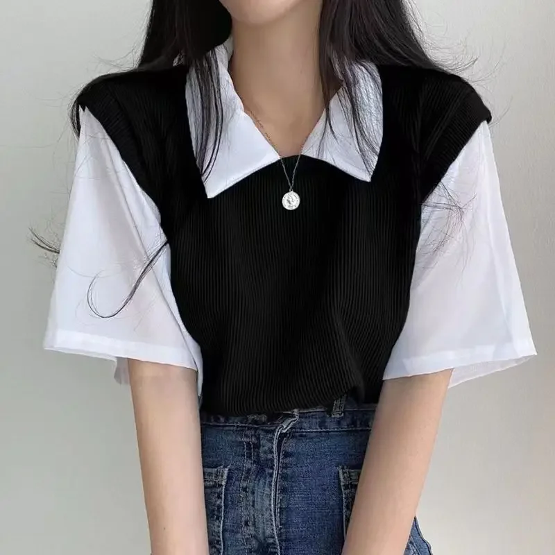 Summer Academy Style Color Blocking Polo Collar Top Fake Two-piece Short Sleeve T-shirt Women Lazy Loose Casual Versatile Blouse Women Clothing Fashion Women’s Fashion Women’s T-Shirts Summer Academy Style Color Blocking Polo Collar Top Fake Two-piece Short Sleeve T-shirt Women Lazy Loose Casual Versatile Blouse Women Clothing Fashion Women's Fashion Women's T-Shirts KDBazar