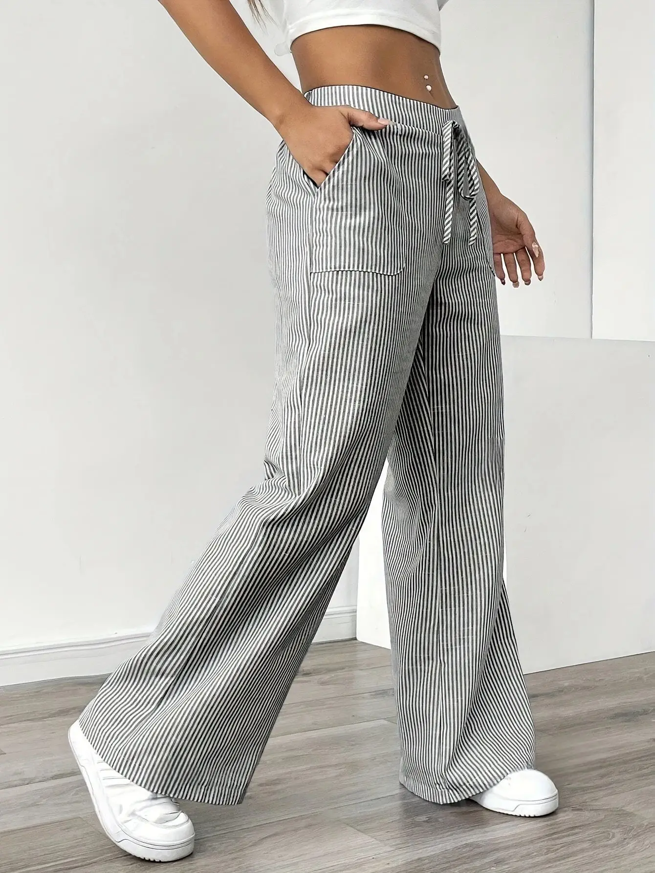 Striped wide leg pants for women, full length view