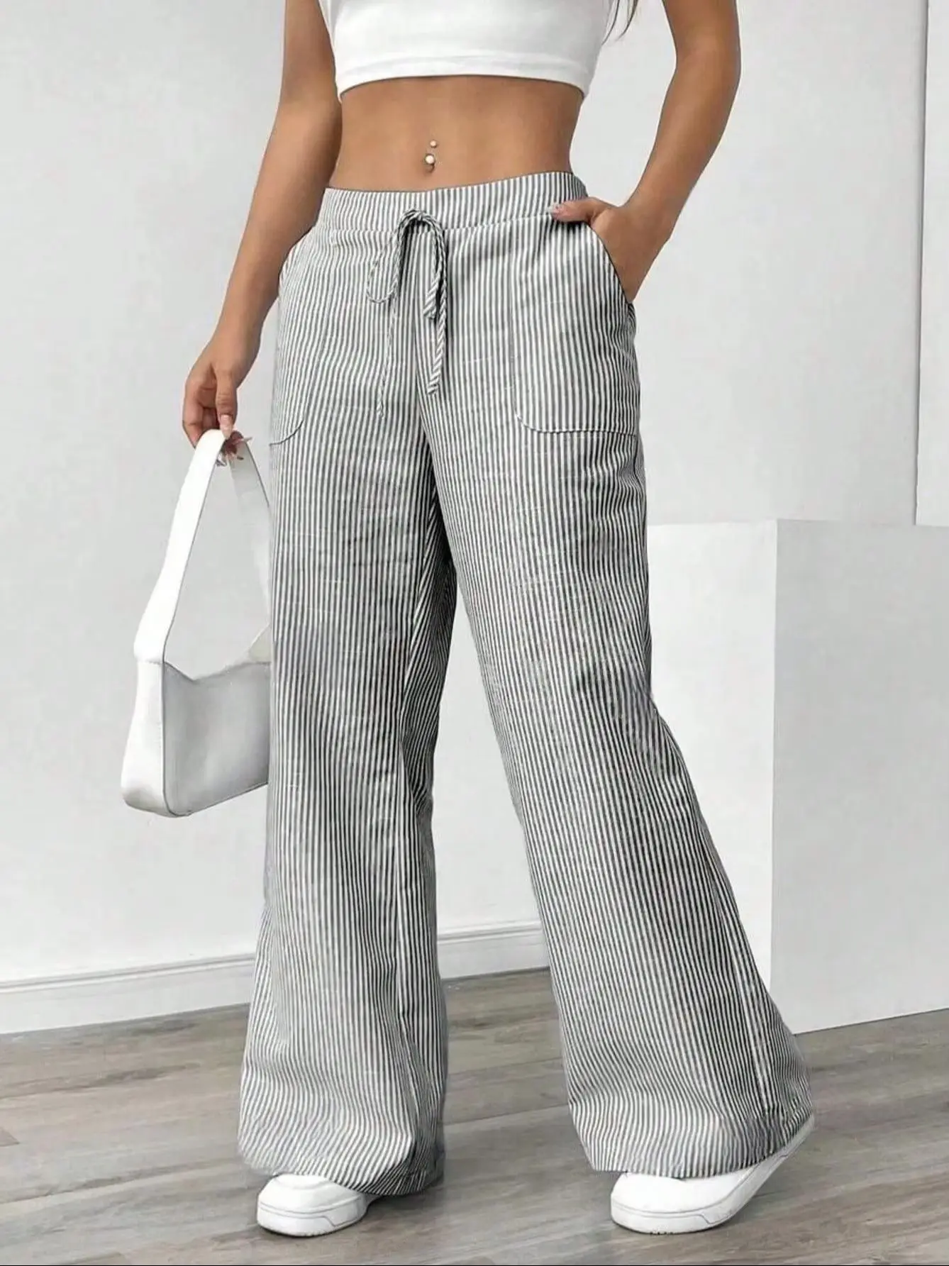 Striped wide leg pants for women, front view with drawstring waist