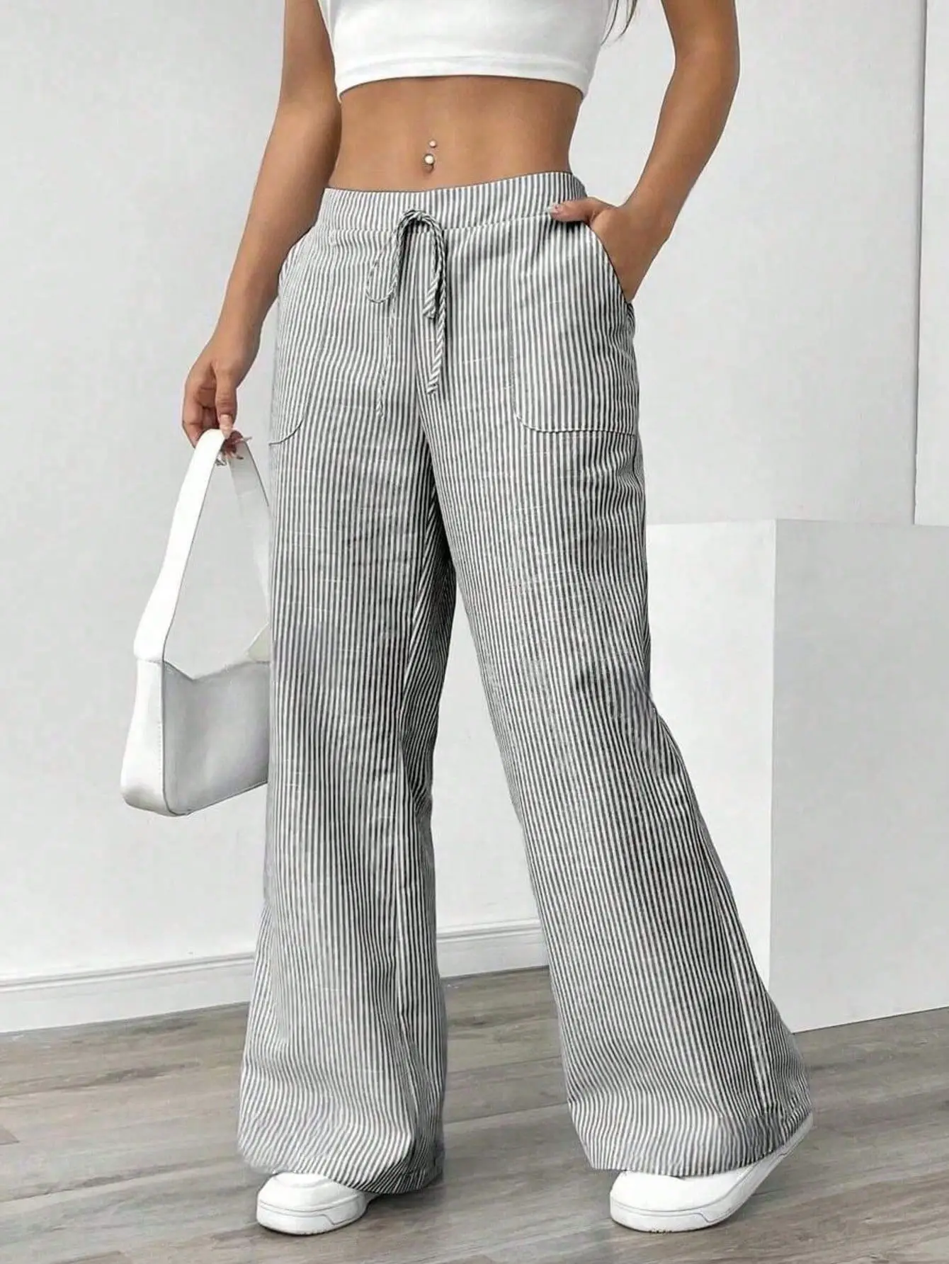 Summer new striped drawstring wide leg pants for women, high waisted, loose fit, slimming, casual straight leg, hanging pants Jeans, Pants & Skirts Trousers Women’s Fashion Summer new striped drawstring wide leg pants for women, high waisted, loose fit, slimming, casual straight leg, hanging pants Jeans, Pants & Skirts Trousers Women's Fashion KDBazar