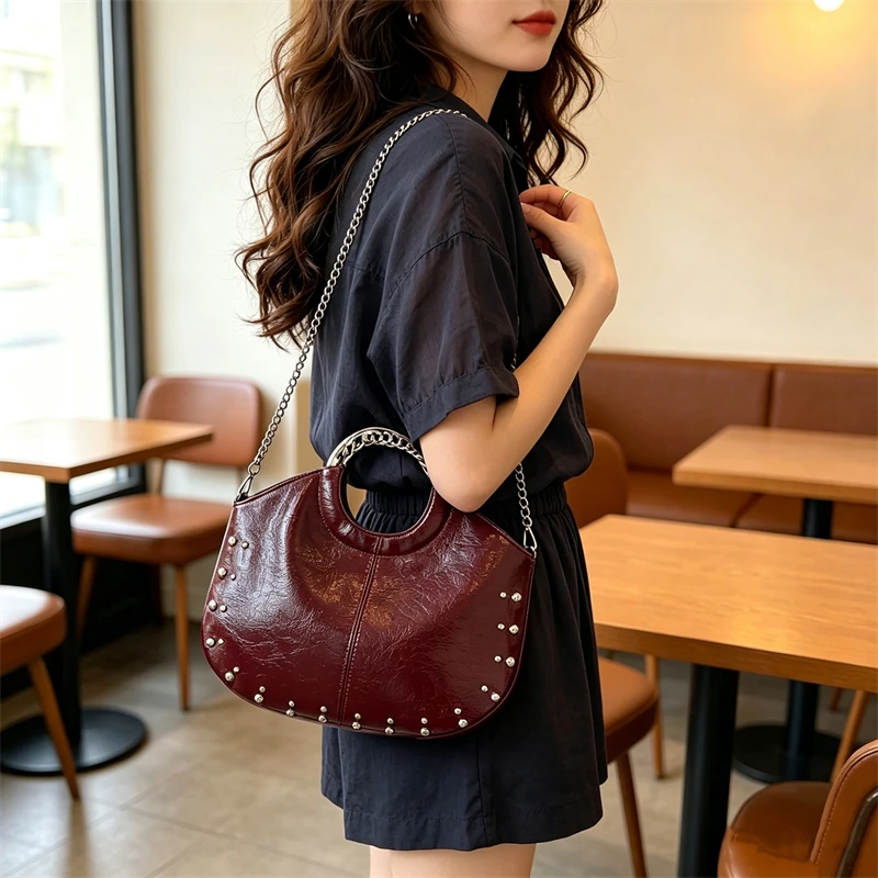Vintage Burgundy Handbag For Women Punk Style Rivet Decor Chain Crossbody Shoulder Bags 2026 New Luxury Designer Handbags Ladies Vintage Burgundy Handbag For Women Punk Style Rivet Decor Chain Crossbody Shoulder Bags 2026 New Luxury Designer Handbags Ladies KDBazar