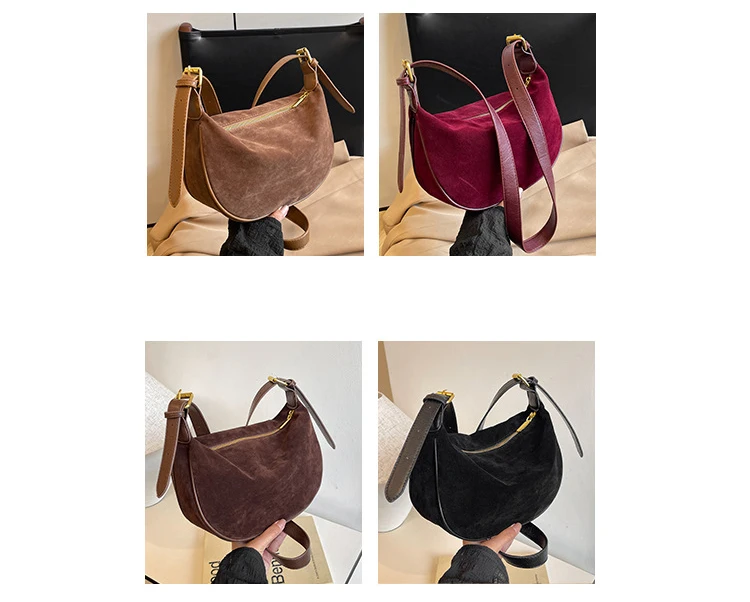 Suede crossbody bag shown in four colors tan burgundy brown and black