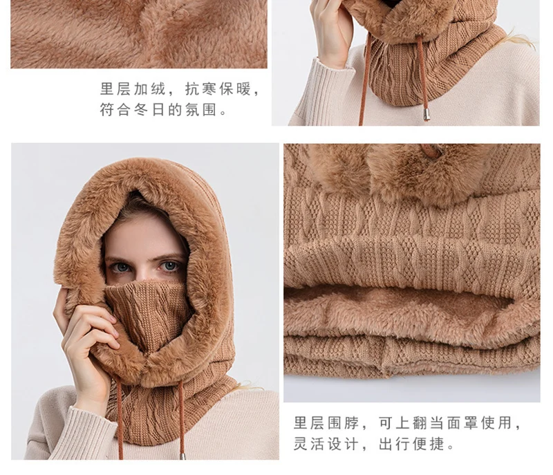 Woman wearing the hooded scarf hat outdoors in winter