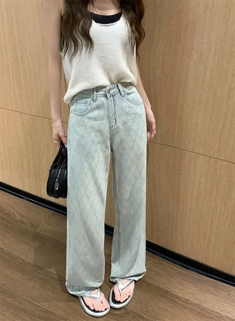 Women Blue Baggy Plaid Jeans Vintage Y2k Cowboy Pants Harajuku Aesthetic Denim Trousers Trashy Japanese 2000s Style Clothes 2024