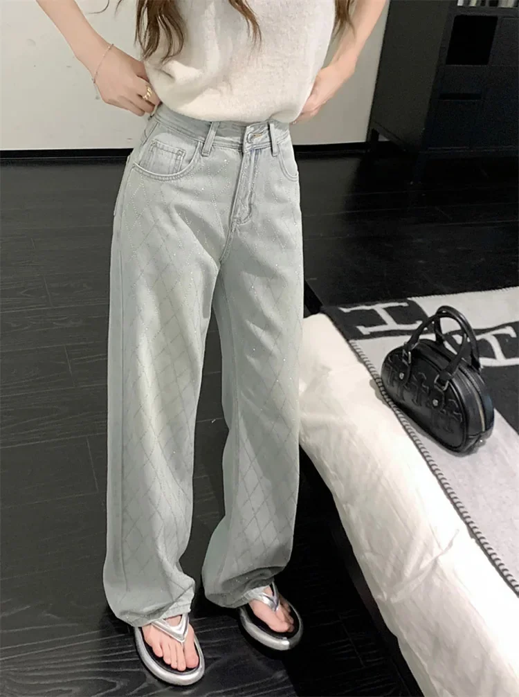 Women Blue Baggy Plaid Jeans Vintage Y2k Cowboy Pants Harajuku Aesthetic Denim Trousers Trashy Japanese 2000s Style Clothes 2024