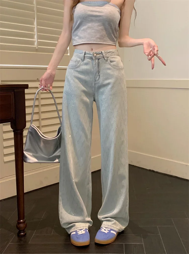 Women Blue Baggy Plaid Jeans Vintage Y2k Cowboy Pants Harajuku Aesthetic Denim Trousers Trashy Japanese 2000s Style Clothes 2024