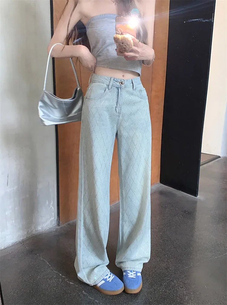 Women Blue Baggy Plaid Jeans Vintage Y2k Cowboy Pants Harajuku Aesthetic Denim Trousers Trashy Japanese 2000s Style Clothes 2024