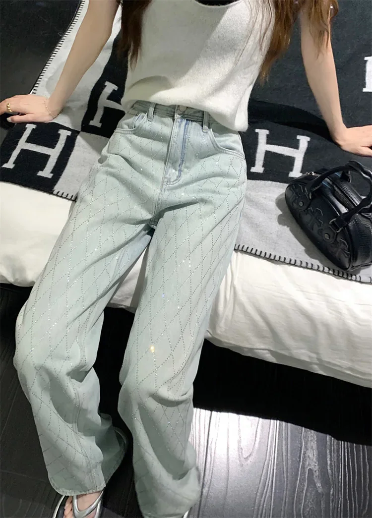Women Blue Baggy Plaid Jeans Vintage Y2k Cowboy Pants Harajuku Aesthetic Denim Trousers Trashy Japanese 2000s Style Clothes 2024
