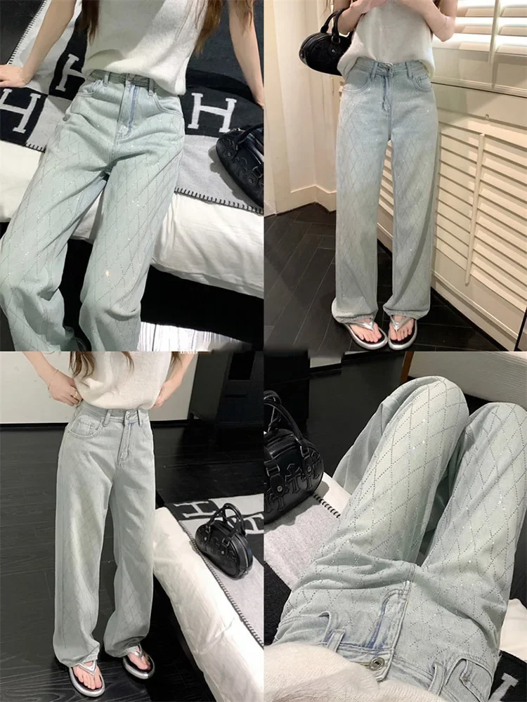 Women Blue Baggy Plaid Jeans Vintage Y2k Cowboy Pants Harajuku Aesthetic Denim Trousers Trashy Japanese 2000s Style Clothes 2024