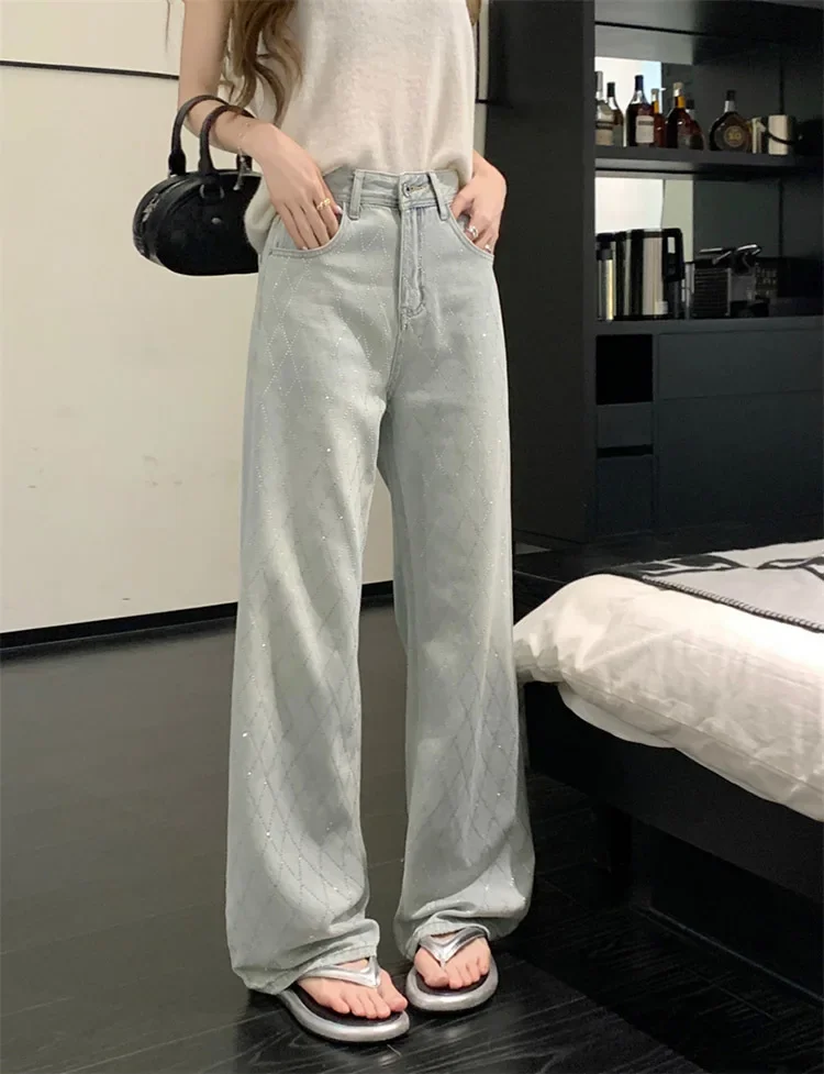 Women Blue Baggy Plaid Jeans Vintage Y2k Cowboy Pants Harajuku Aesthetic Denim Trousers Trashy Japanese 2000s Style Clothes 2024