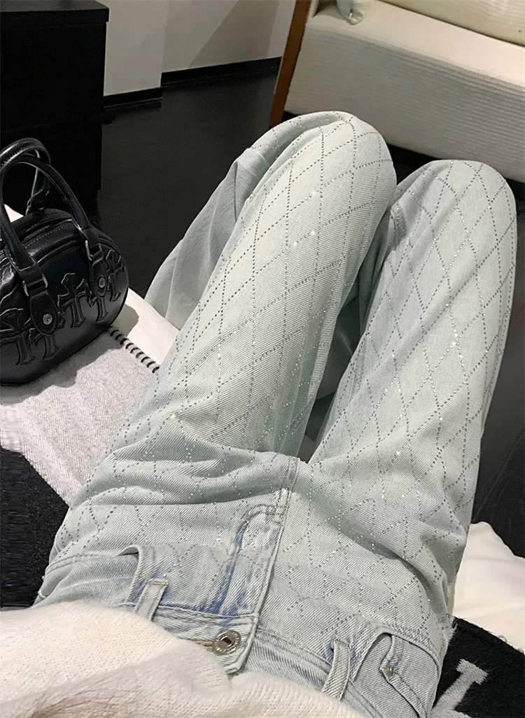Women Blue Baggy Plaid Jeans Vintage Y2k Cowboy Pants Harajuku Aesthetic Denim Trousers Trashy Japanese 2000s Style Clothes 2024