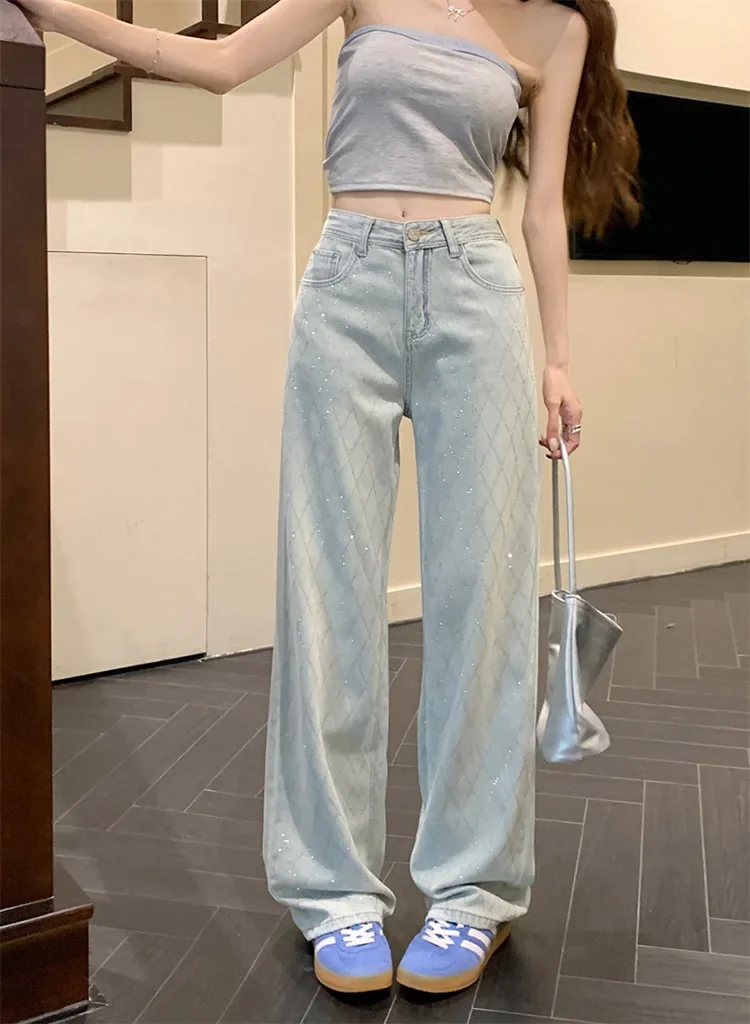 Women Blue Baggy Plaid Jeans Vintage Y2k Cowboy Pants Harajuku Aesthetic Denim Trousers Trashy Japanese 2000s Style Clothes 2024