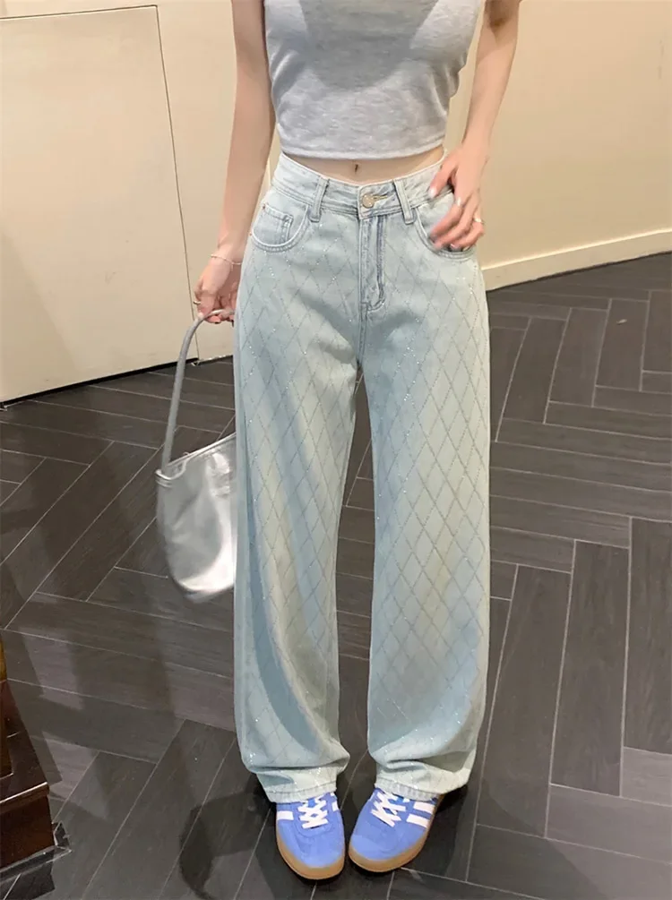Women Blue Baggy Plaid Jeans Vintage Y2k Cowboy Pants Harajuku Aesthetic Denim Trousers Trashy Japanese 2000s Style Clothes 2024