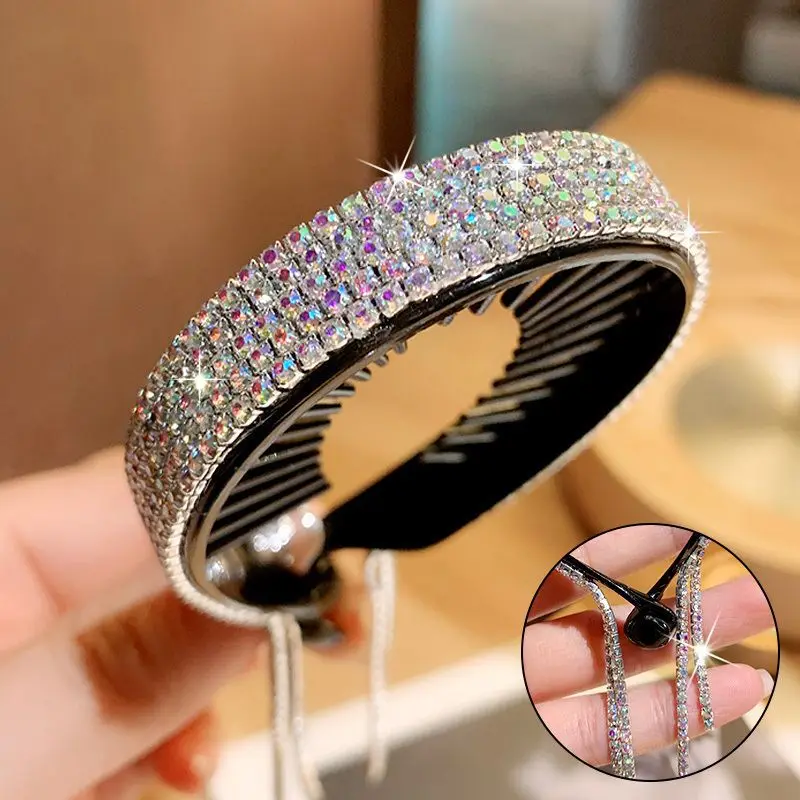 AB rainbow crystal tassel hair claw close up