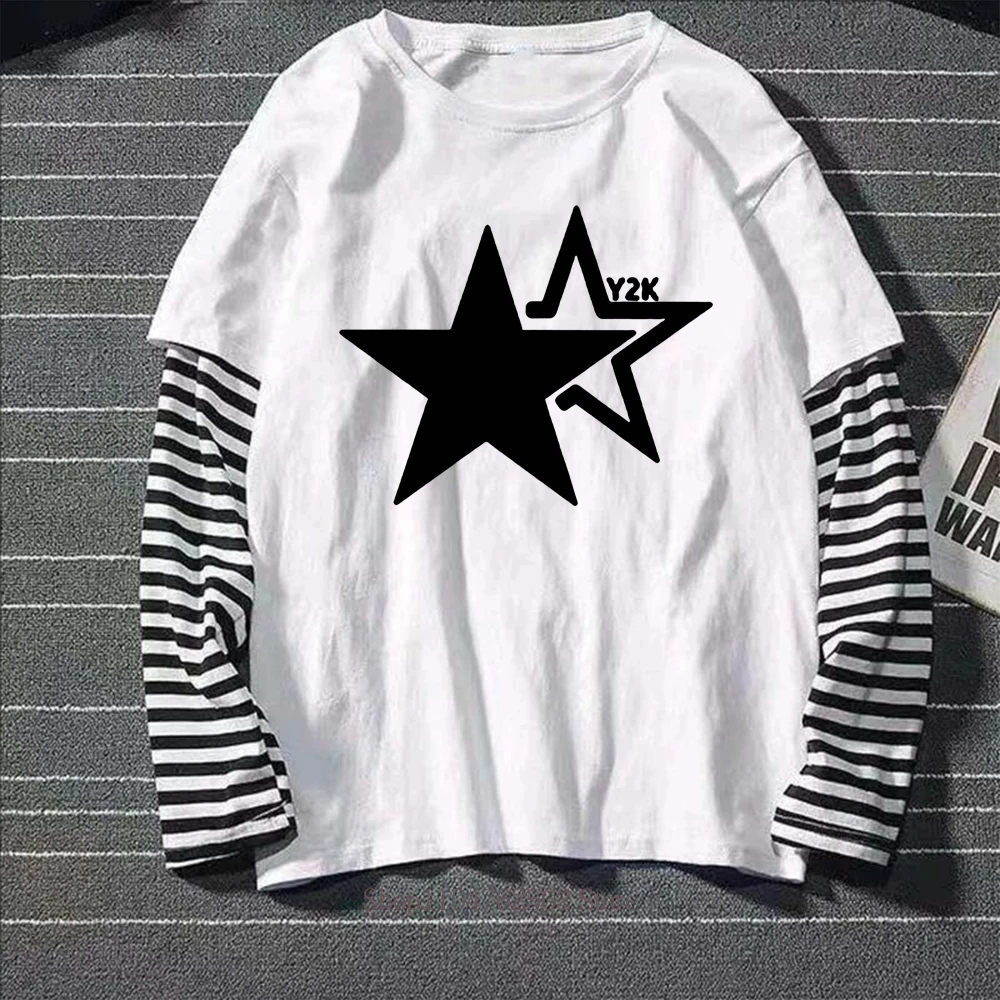 White Y2K t-shirt with striped long sleeve for women