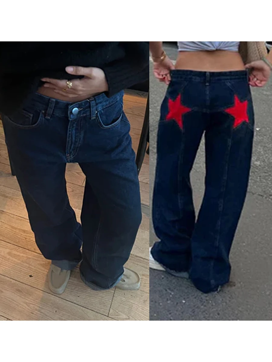 Y2K star jeans for women in dark wash denim