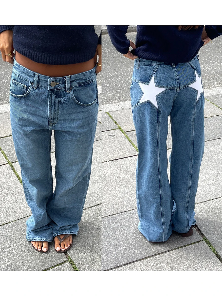 Y2K star jeans for women in light blue wash