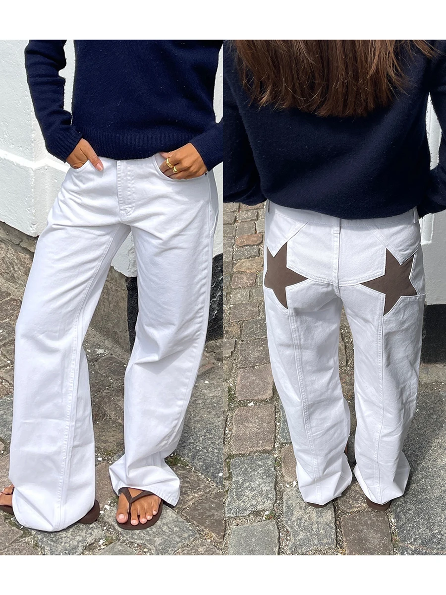 Y2K star jeans for women in white denim