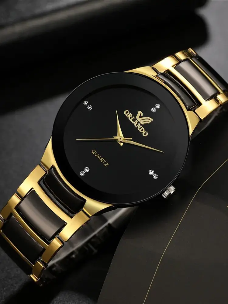 Black dial steel quartz mens business watch front view