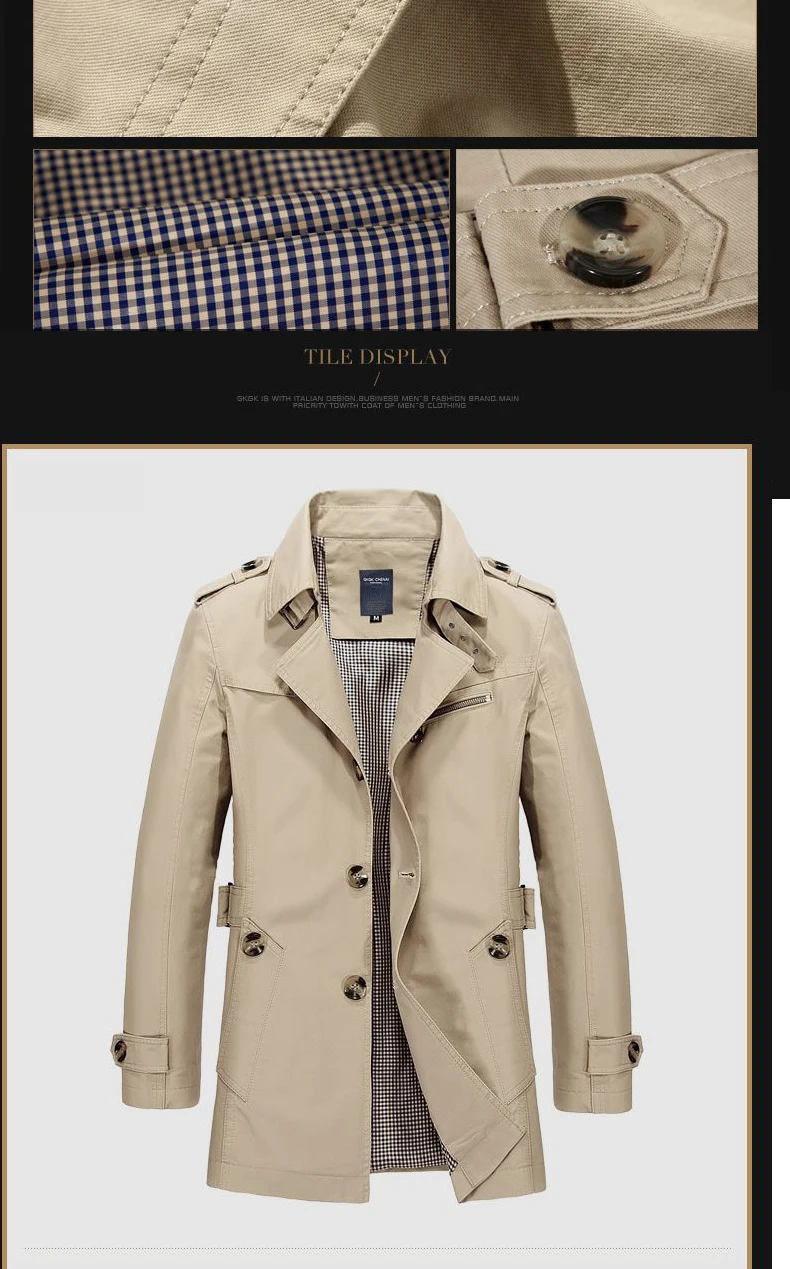 Mens double-breasted trench coat classic tailored silhouette
