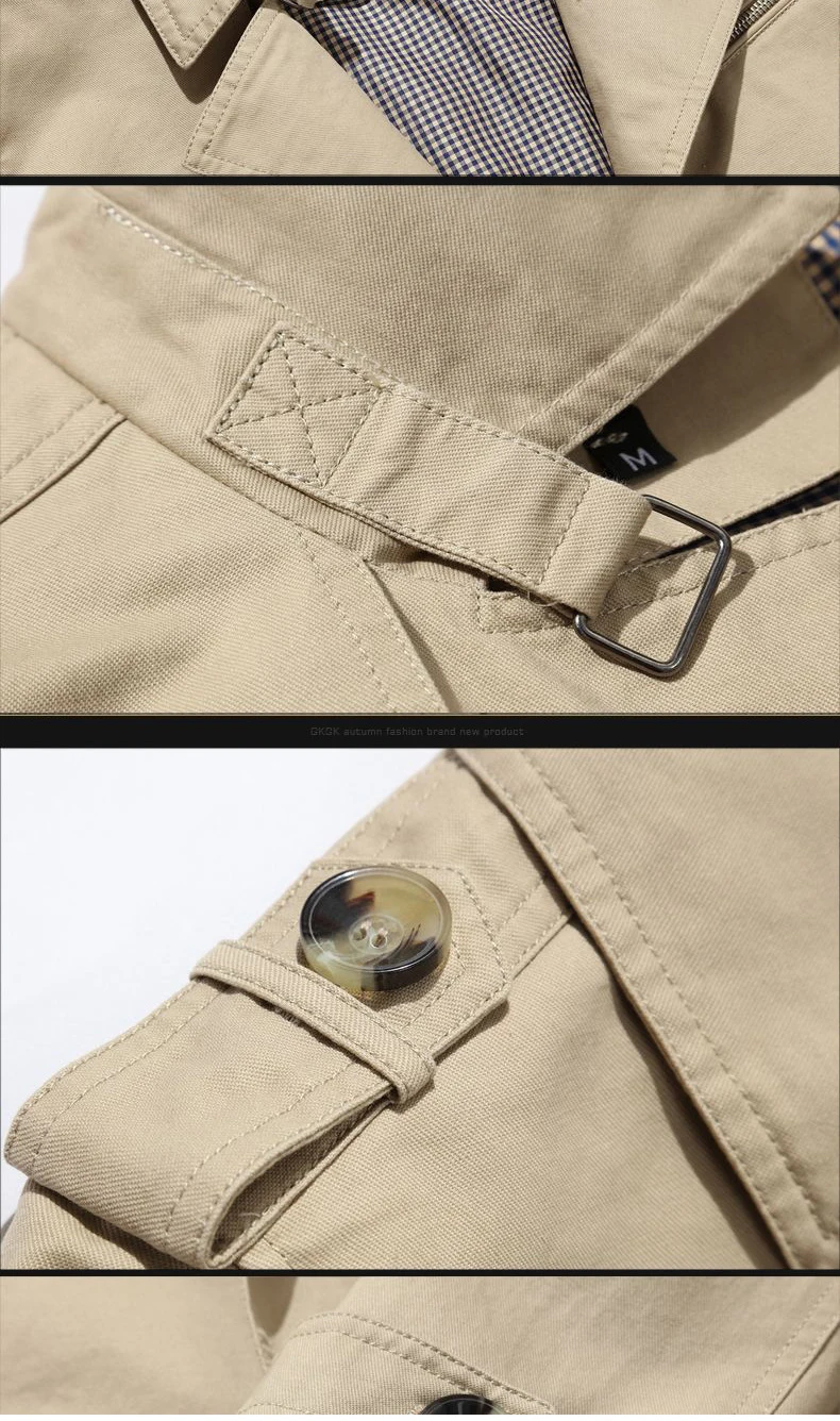 Close up of adjustable cuff tab on mens trench coat sleeve