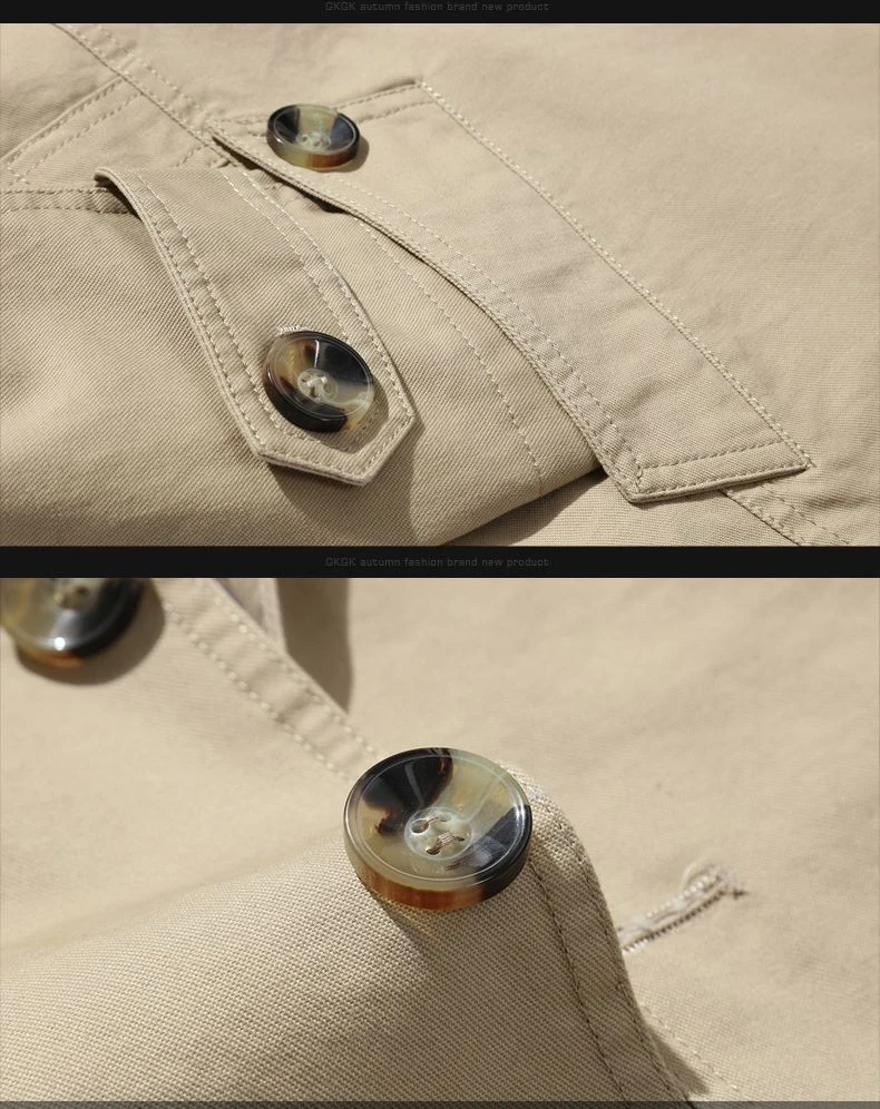 Close up of horn style buttons on mens trench coat