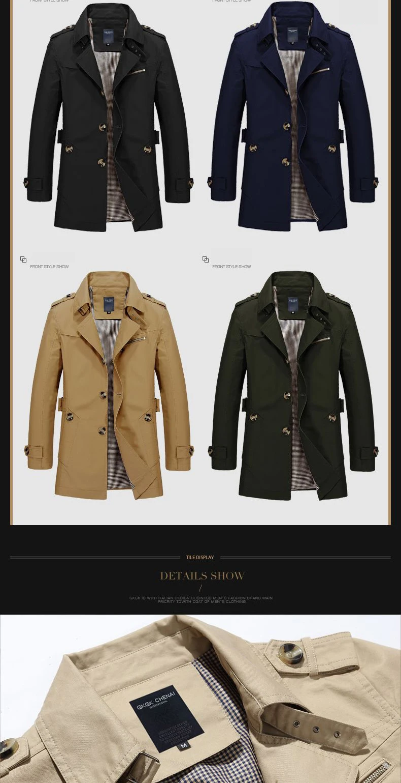 Mens trench coat shown in four colorways black navy khaki and olive