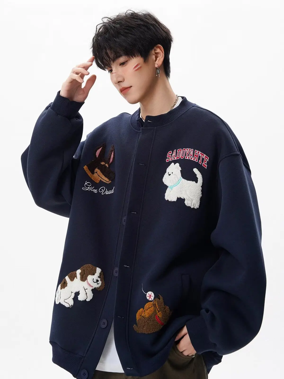 Mens embroidered baseball jacket zipper detail