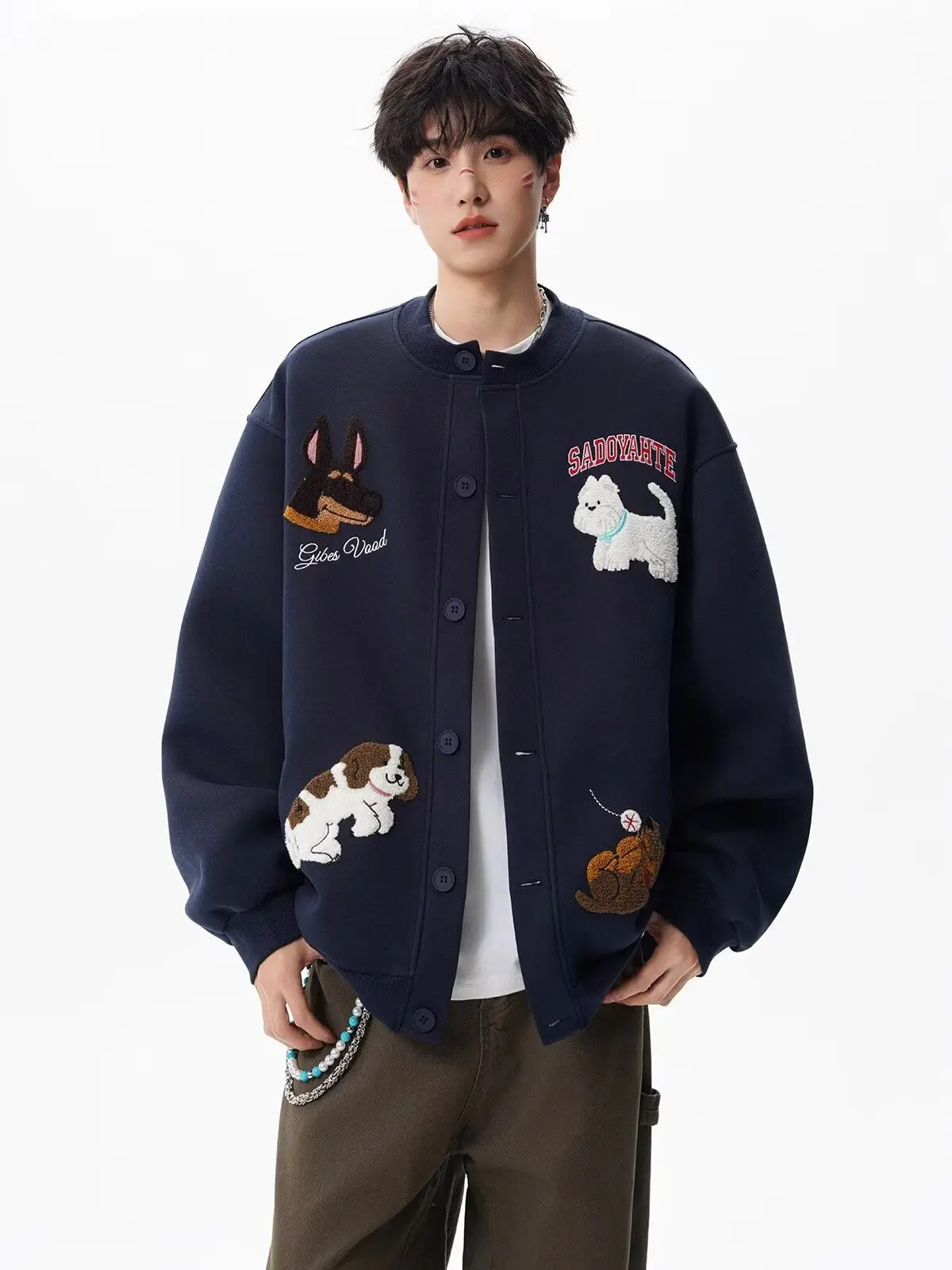 Mens embroidered baseball jacket puppy patch