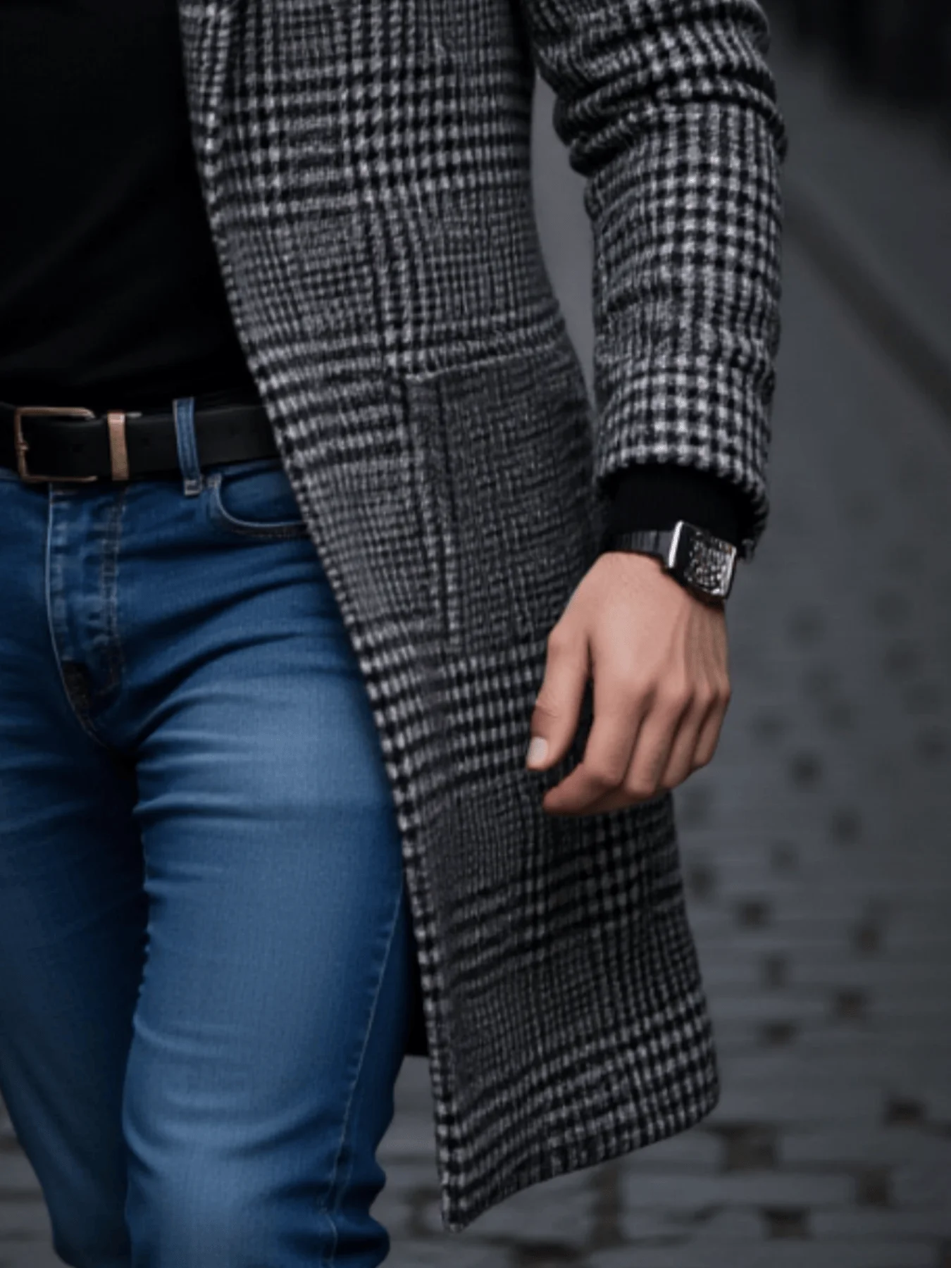 Mens houndstooth trench coat belted waist